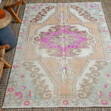 4’6 x 7’1 Turkish Oushak Rug Muted Blush, Pink, Green and Beige Vintage 70’s