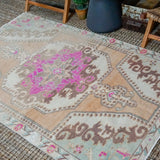 4’6 x 7’1 Turkish Oushak Rug Muted Blush, Pink, Green and Beige Vintage 70’s