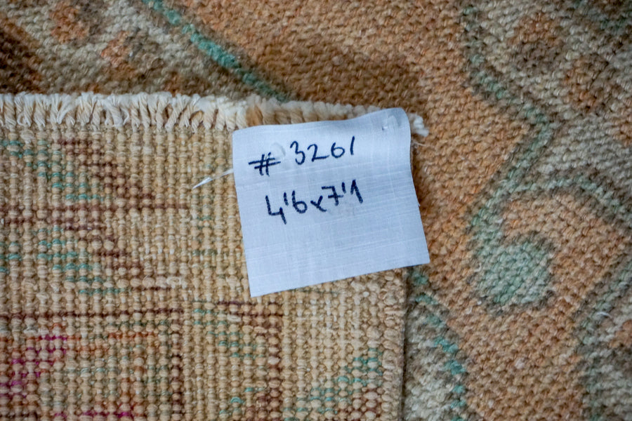 4’6 x 7’1 Turkish Oushak Rug Muted Blush, Pink, Green and Beige Vintage 70’s