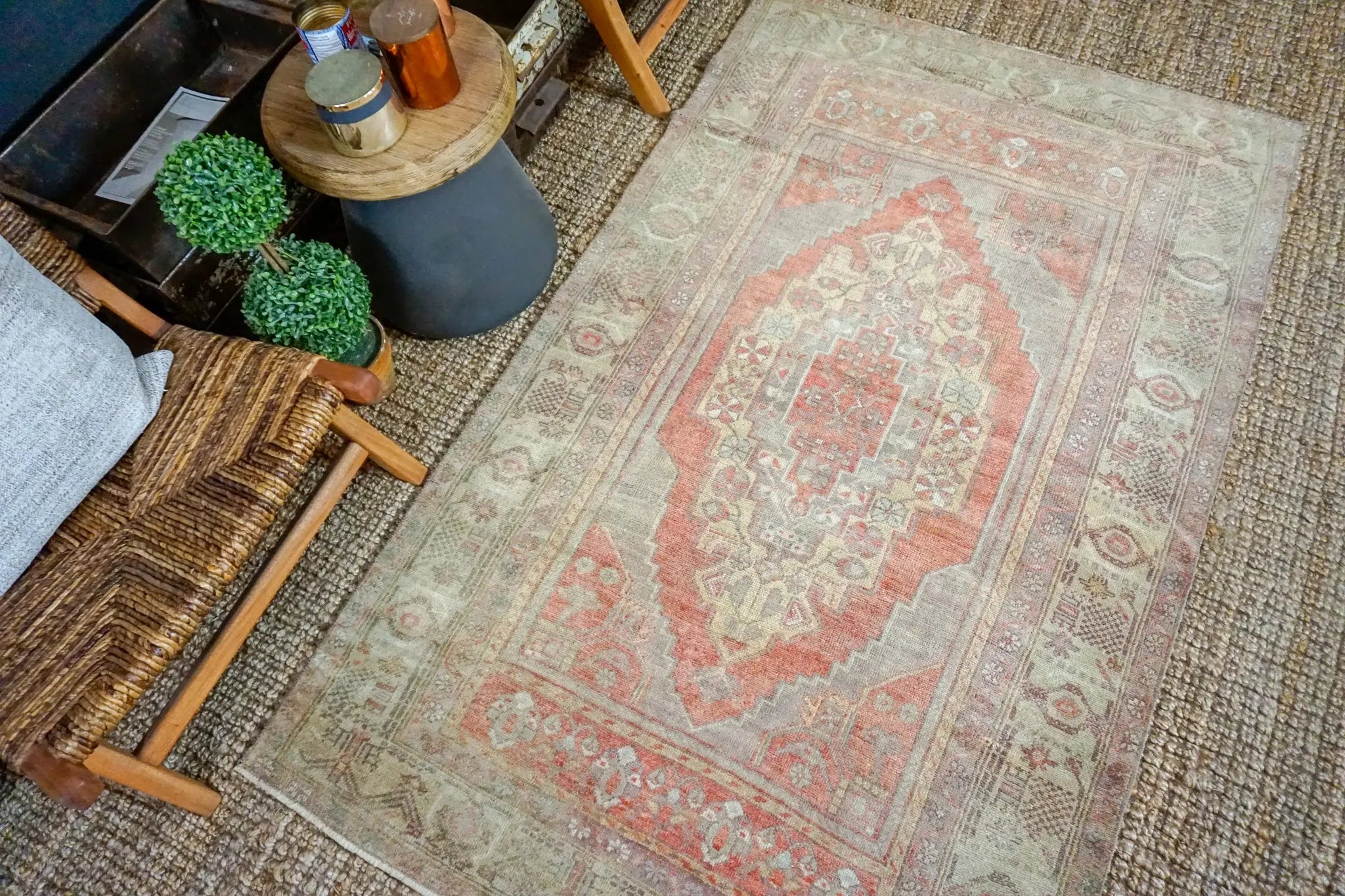 4’1 x 6’8 Vintage Turkish Oushak Carpet Muted Eggplant, Sage and Warm Red '3297 Linda's Barn