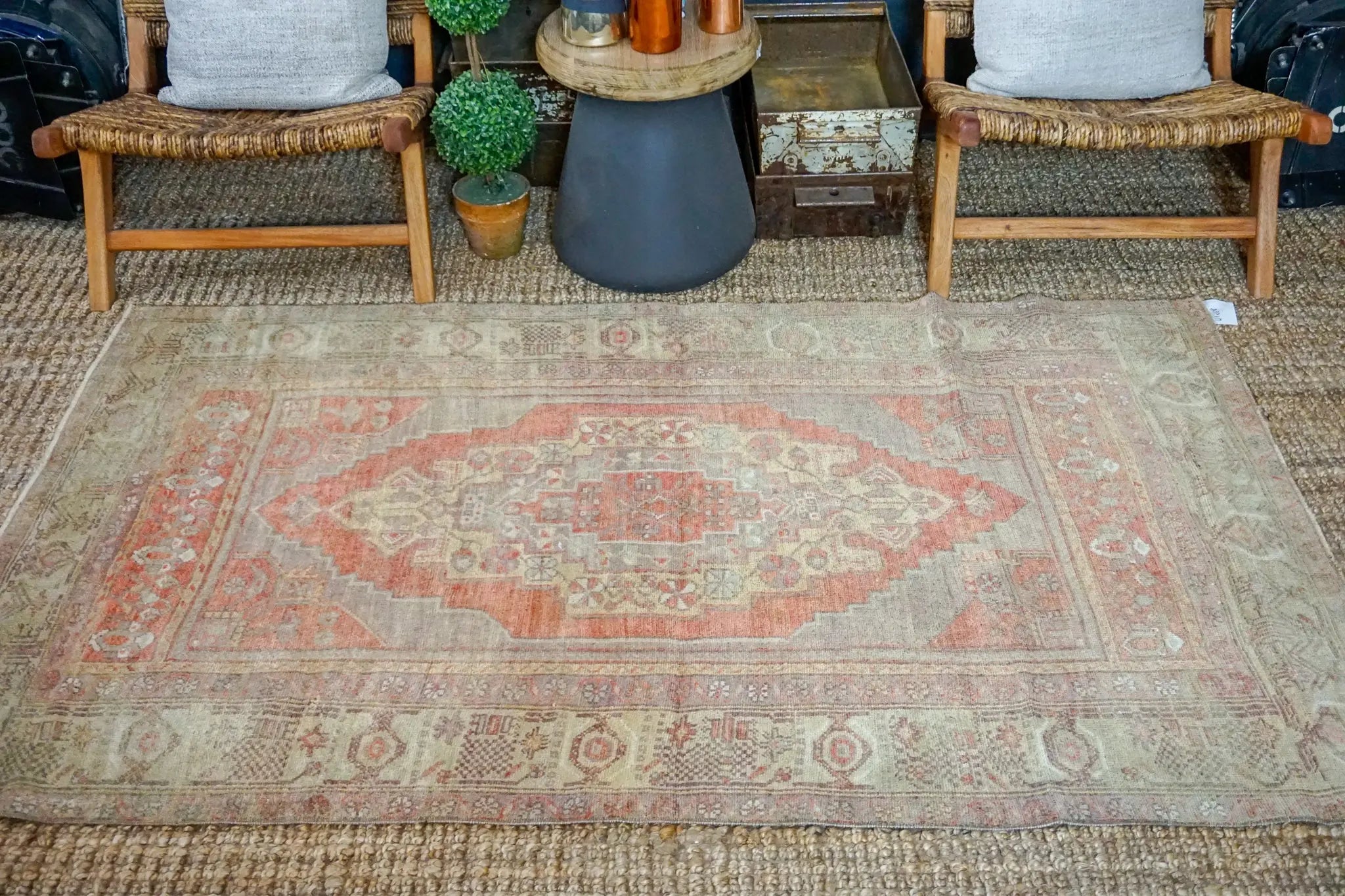 4’1 x 6’8 Vintage Turkish Oushak Carpet Muted Eggplant, Sage and Warm Red '3297 Linda's Barn