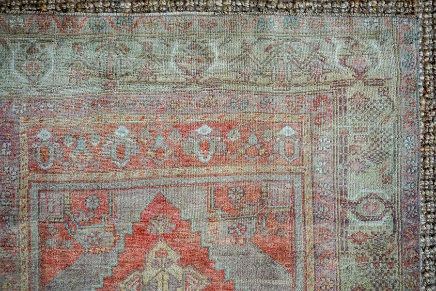 4’1 x 6’8 Vintage Turkish Oushak Carpet Muted Eggplant, Sage and Warm Red