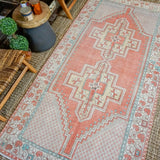 4’3 x 8’7 Vintage Turkish Oushak Carpet Muted Coral, Cream and Turquoise