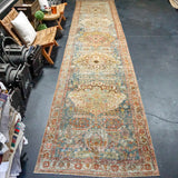 3’9 x 17’6 Classic Antique Runner Muted Blue, Rust, Olive + Gray