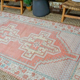 4’3 x 8’7 Vintage Turkish Oushak Carpet Muted Coral, Cream and Turquoise