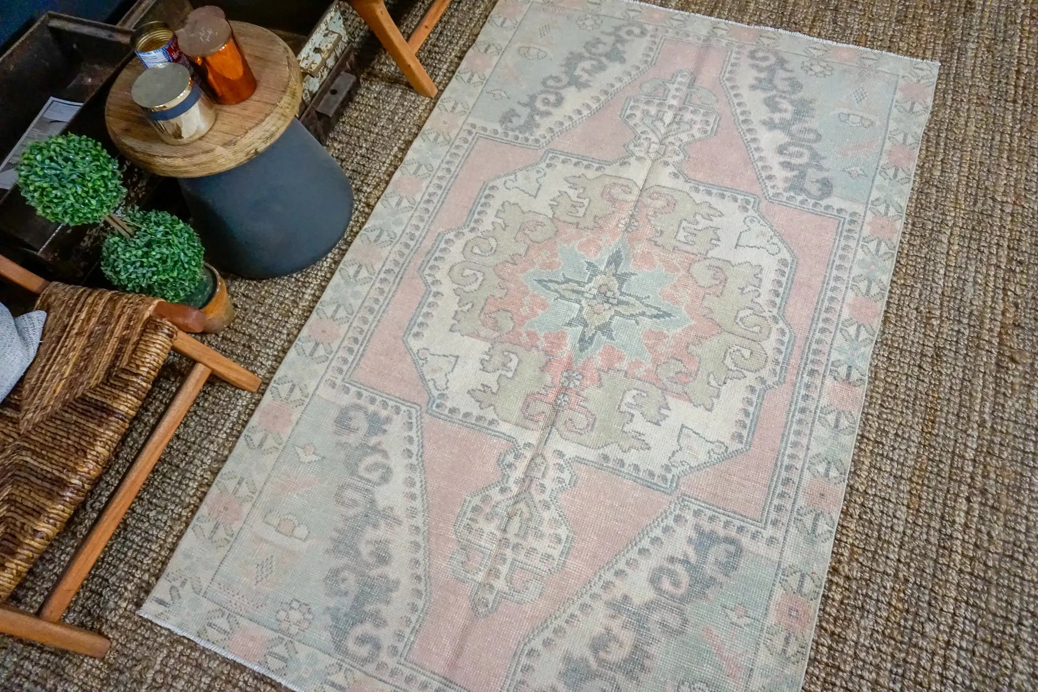 4’2 x 6’8 Vintage Turkish Oushak Carpet Muted Pink, Vanilla and Blue '3258 Linda's Barn