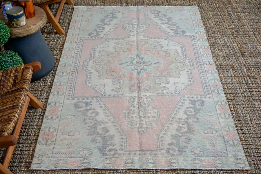 4’2 x 6’8 Vintage Turkish Oushak Carpet Muted Pink, Vanilla and Blue