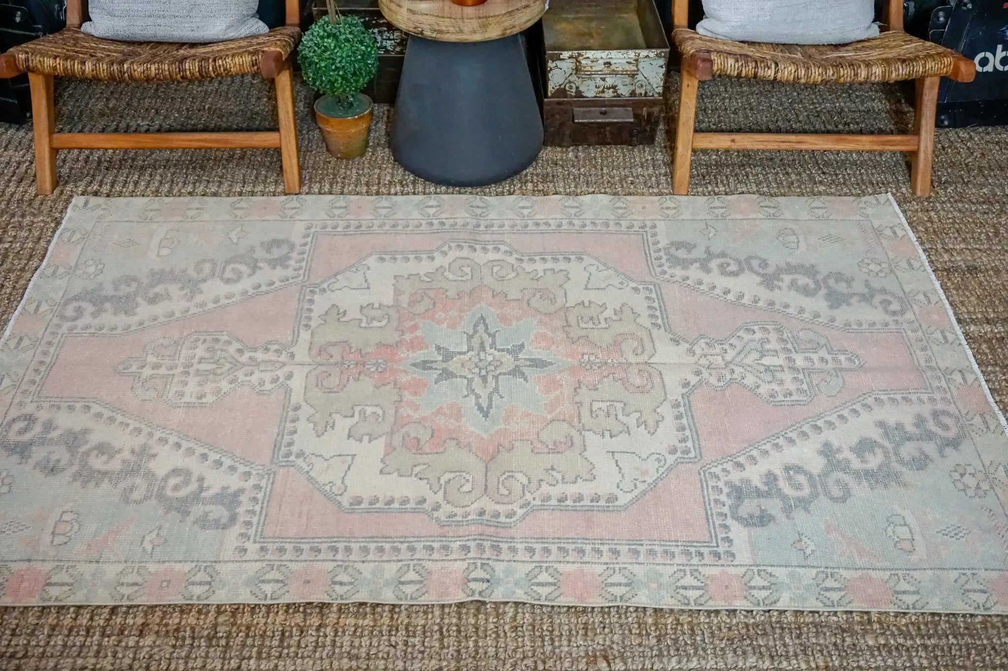 4’2 x 6’8 Vintage Turkish Oushak Carpet Muted Pink, Vanilla and Blue '3258 Linda's Barn
