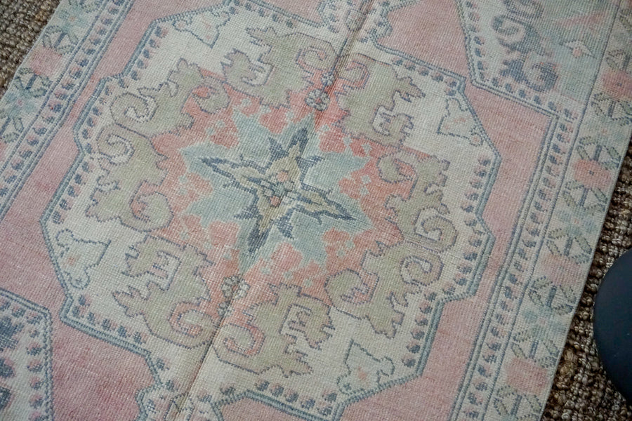 4’2 x 6’8 Vintage Turkish Oushak Carpet Muted Pink, Vanilla and Blue