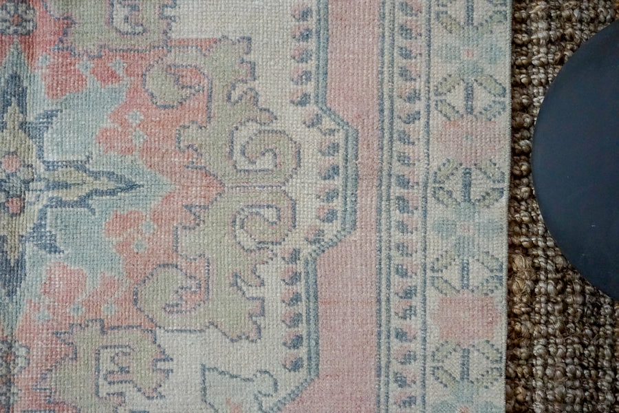 4’2 x 6’8 Vintage Turkish Oushak Carpet Muted Pink, Vanilla and Blue