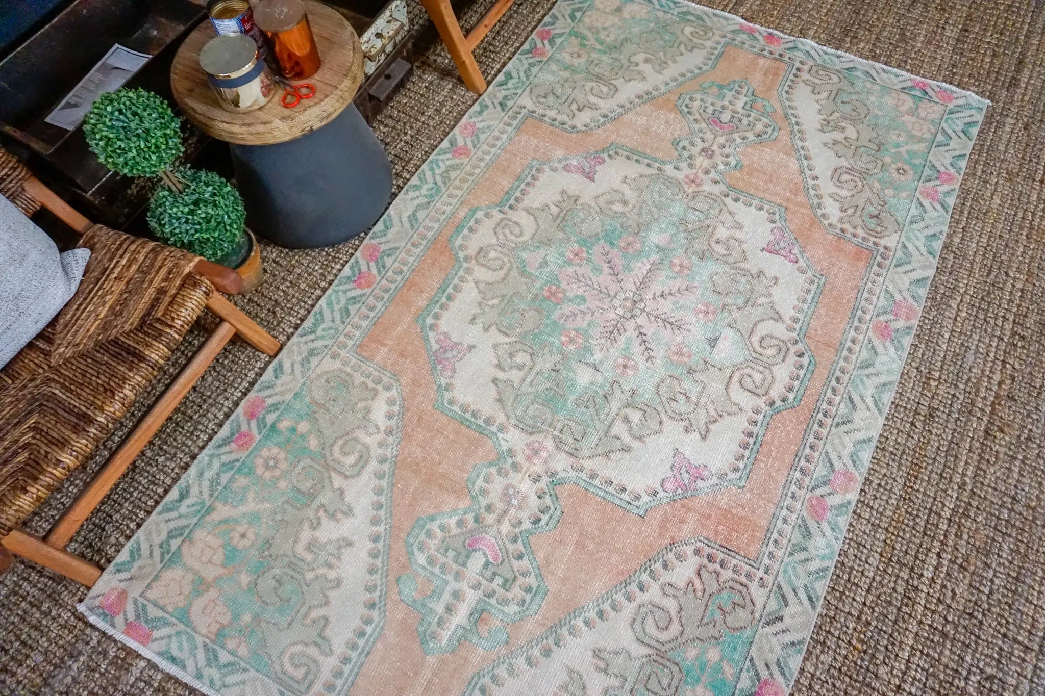 4’6 x 7’6 Vintage Turkish Oushak Carpet Muted Apricot, Green and Beige '3257 Linda's Barn