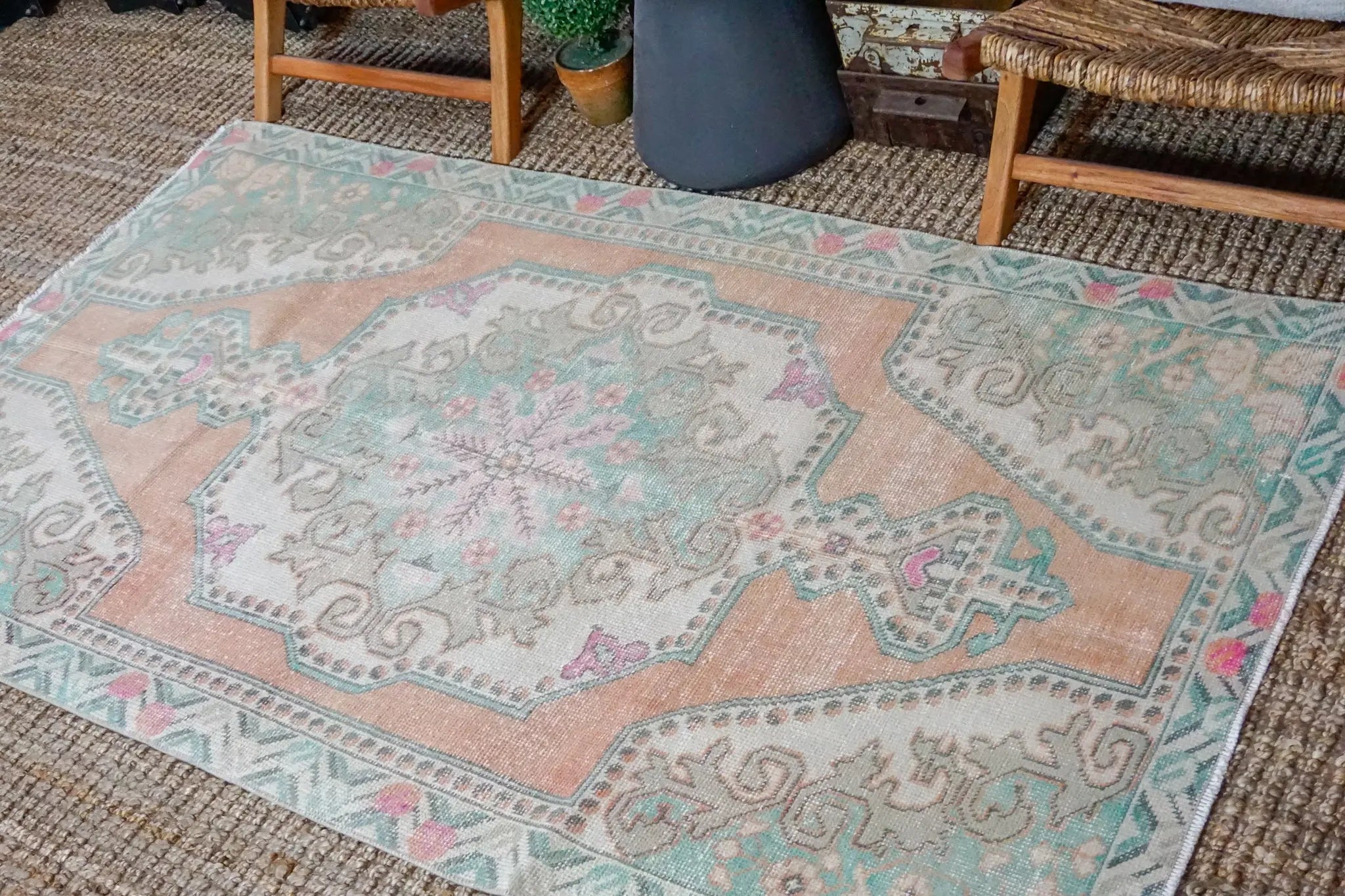 4’6 x 7’6 Vintage Turkish Oushak Carpet Muted Apricot, Green and Beige '3257 Linda's Barn