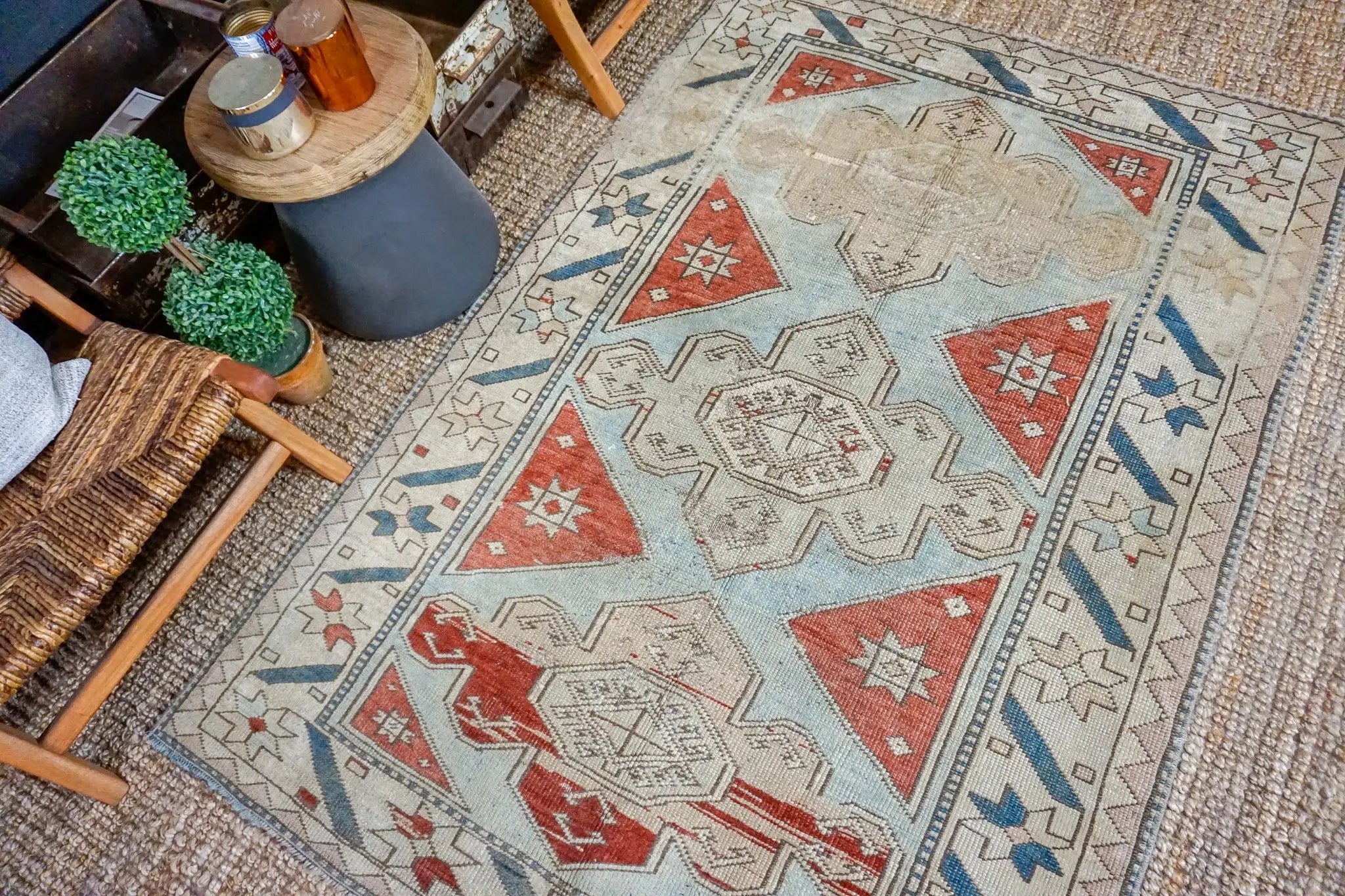 4’7 x 6’8 Vintage Turkish Oushak Carpet Muted Indigo, Sea and Gray 60’s '3255 Linda's Barn