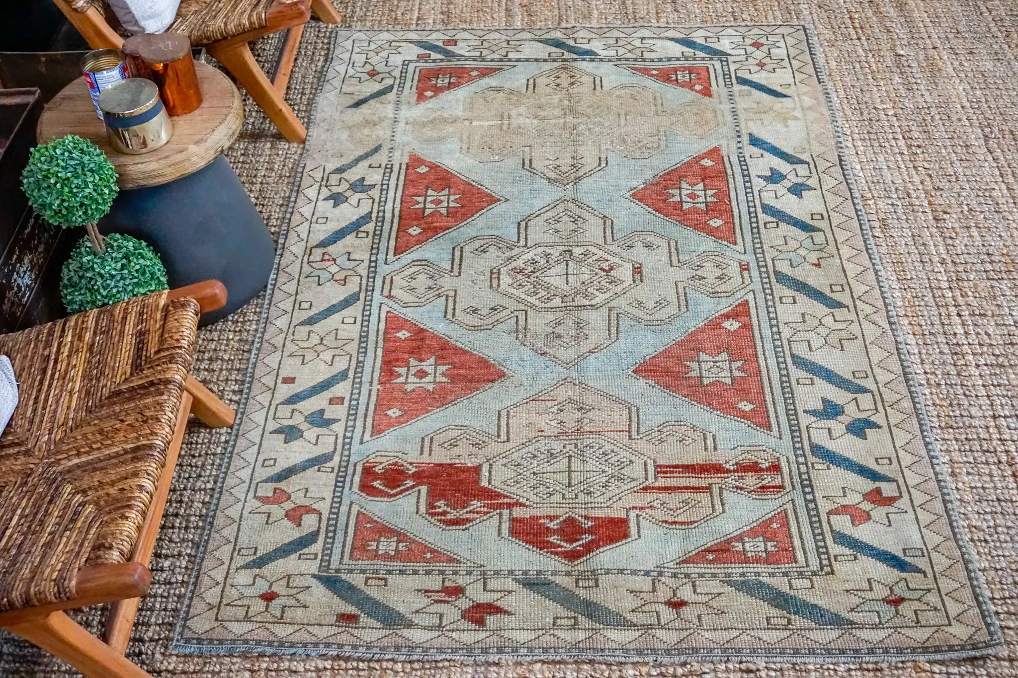 4’7 x 6’8 Vintage Turkish Oushak Carpet Muted Indigo, Sea and Gray 60’s '3255 Linda's Barn