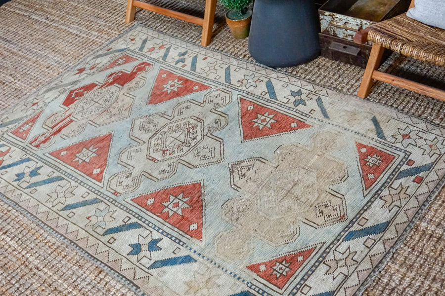 4’7 x 6’8 Vintage Turkish Oushak Carpet Muted Indigo, Sea and Gray 60’s