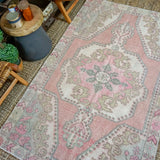4’4 x 7’1 Vintage Turkish Oushak Carpet Muted Pinks, Gray + Jute '3223