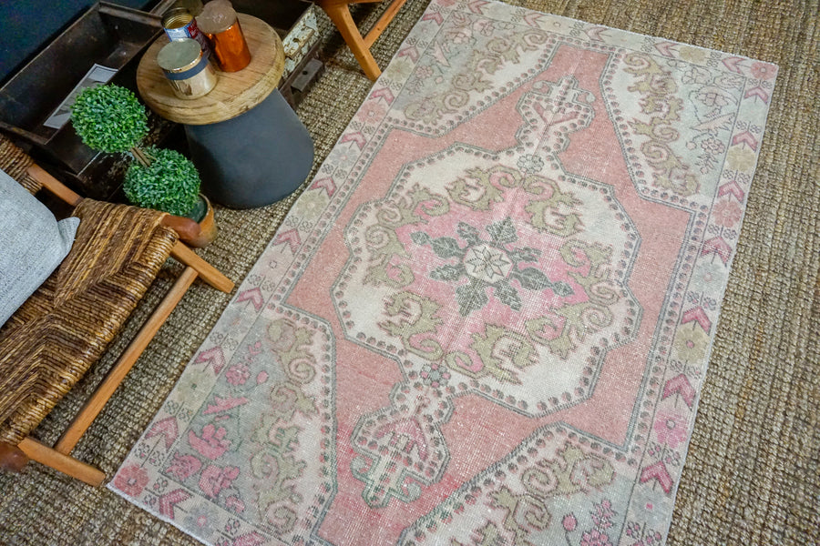 4’4 x 7’1 Vintage Turkish Oushak Carpet Muted Pinks, Gray + Jute
