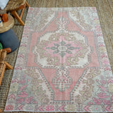 4’4 x 7’1 Vintage Turkish Oushak Carpet Muted Pinks, Gray + Jute '3223