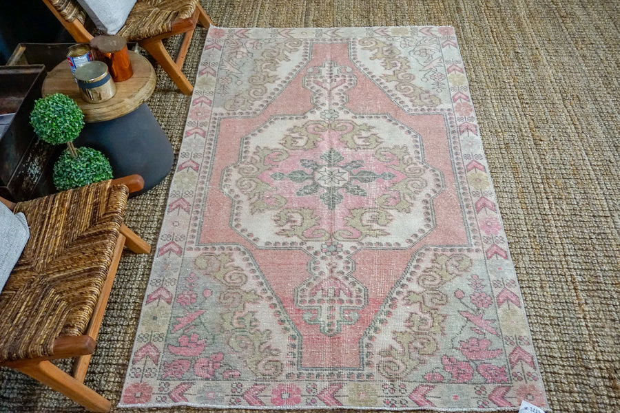 4’4 x 7’1 Vintage Turkish Oushak Carpet Muted Pinks, Gray + Jute
