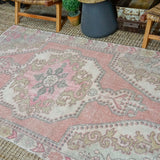 4’4 x 7’1 Vintage Turkish Oushak Carpet Muted Pinks, Gray + Jute '3223