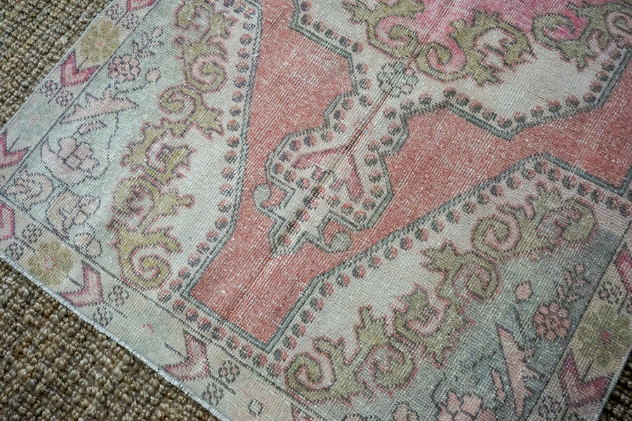 4’4 x 7’1 Vintage Turkish Oushak Carpet Muted Pinks, Gray + Jute
