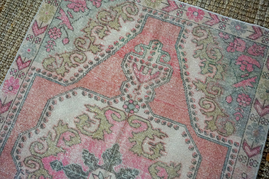 4’4 x 7’1 Vintage Turkish Oushak Carpet Muted Pinks, Gray + Jute
