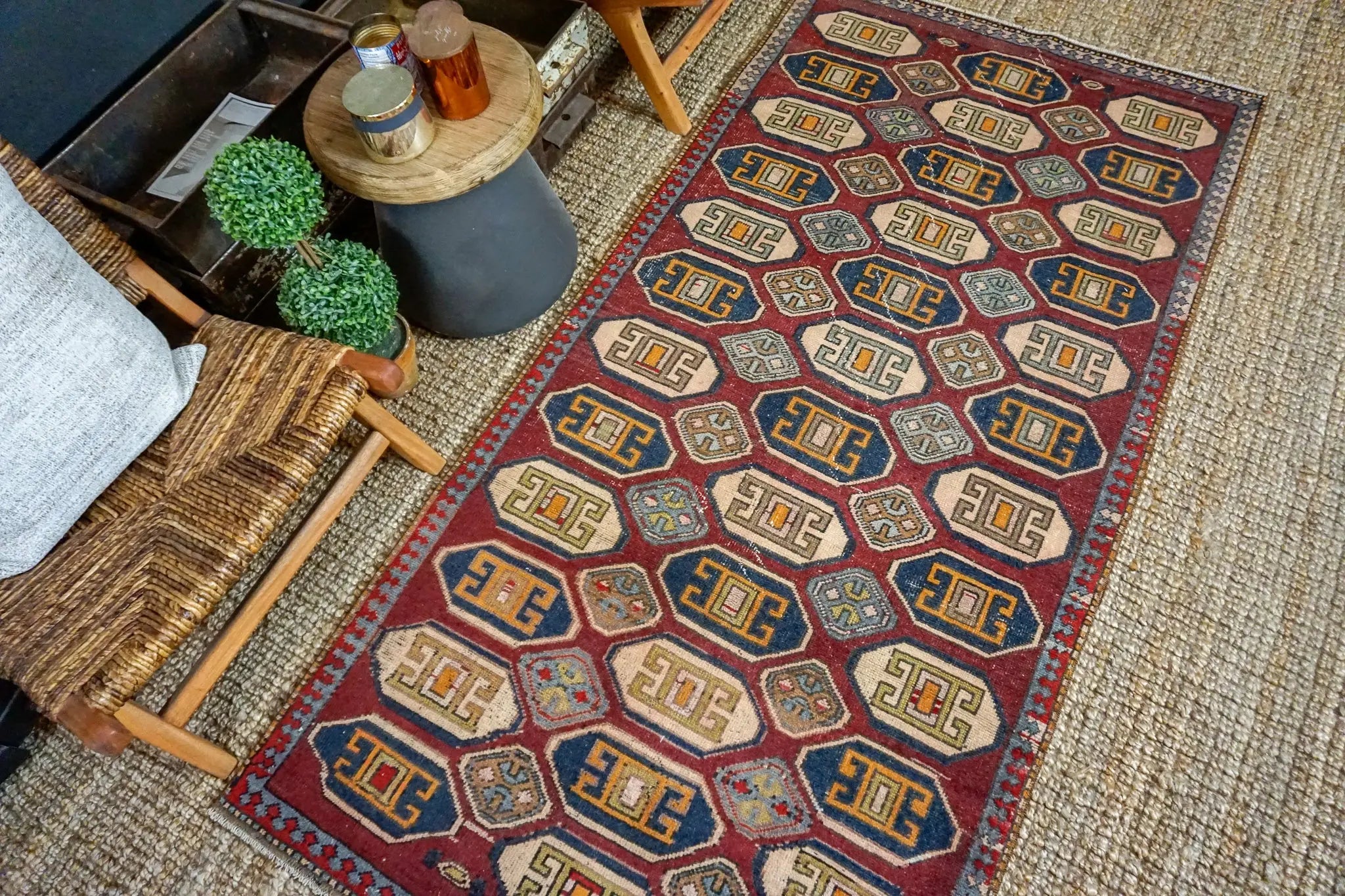 3’8 x 7’7 Vintage Turkish Oushak Carpet Muted Navy, Wine and Vanilla 60’s '3243 Linda's Barn