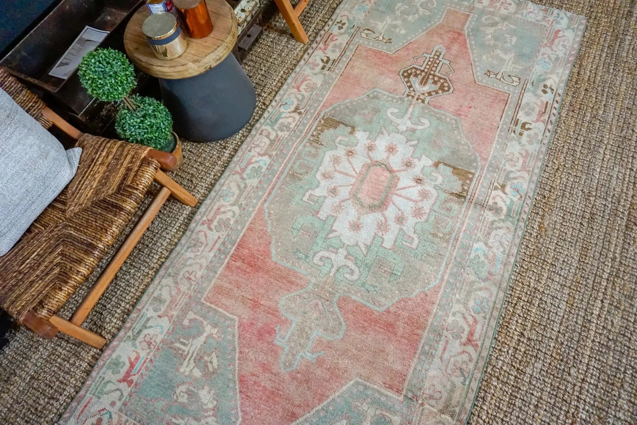 3’10 x 8’4 Vintage Turkish Oushak Carpet Muted Red, Green and Gray '3246 Linda's Barn