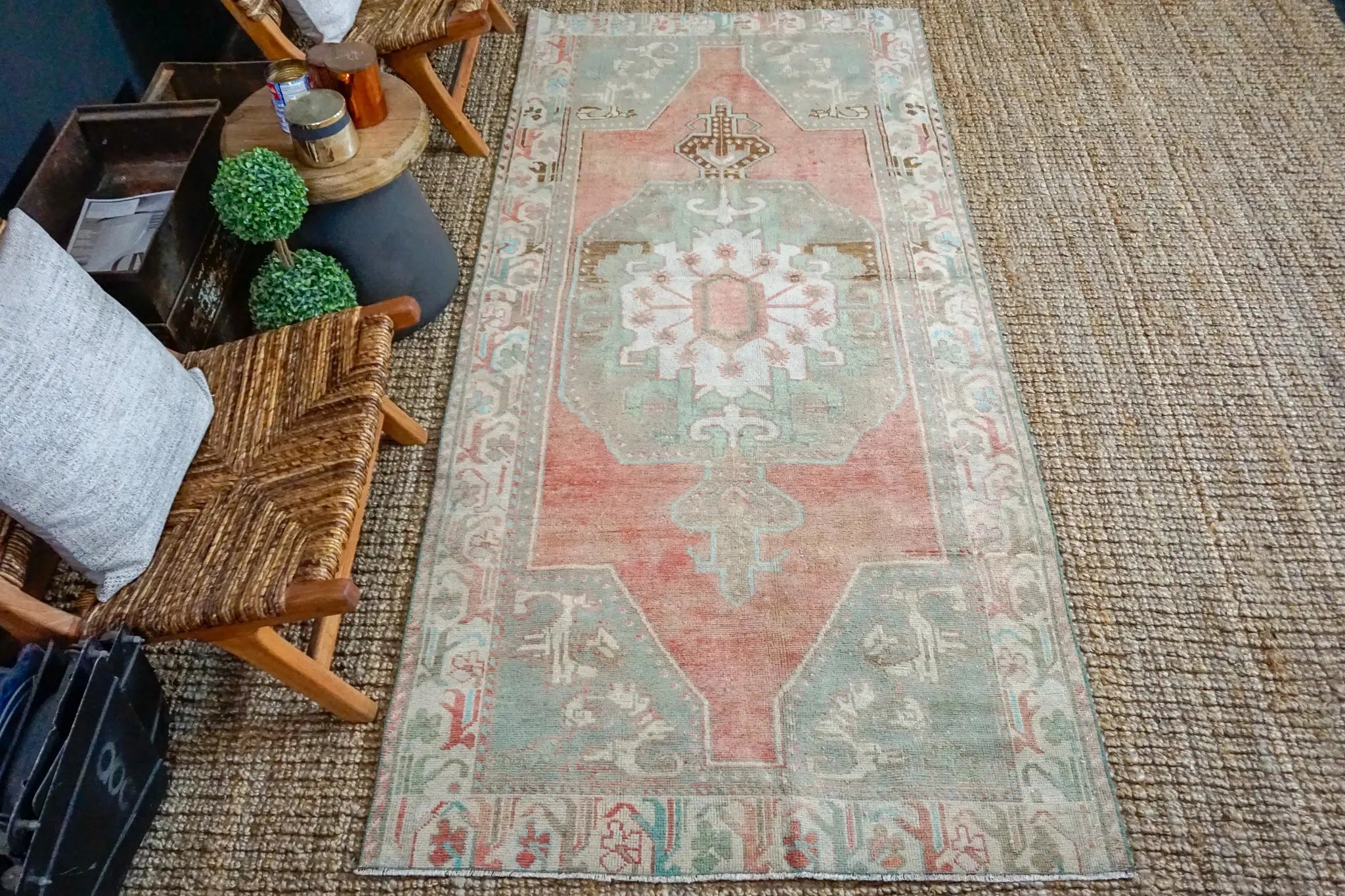 3’10 x 8’4 Vintage Turkish Oushak Carpet Muted Red, Green and Gray '3246 Linda's Barn