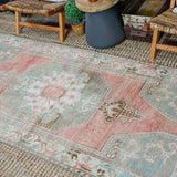 3’10 x 8’4 Vintage Turkish Oushak Carpet Muted Red, Green and Gray
