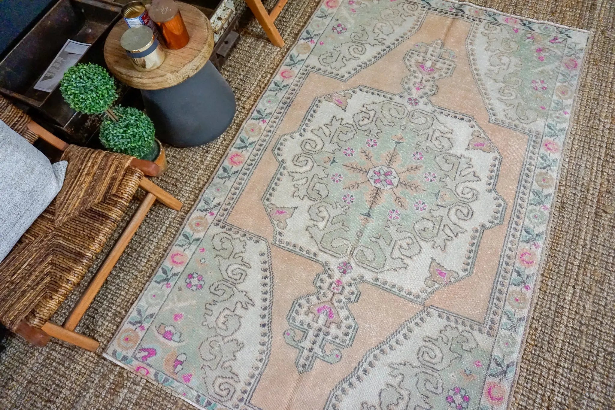 4’5 x 7’3 Vintage Turkish Oushak Carpet Muted Apricot, Green and Gray '3245 Linda's Barn