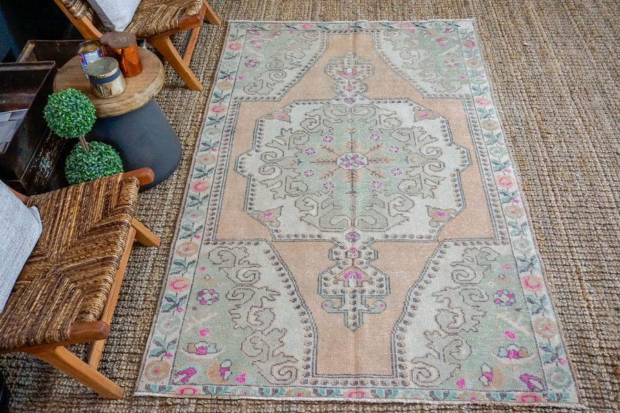 4’5 x 7’3 Vintage Turkish Oushak Carpet Muted Apricot, Green and Gray