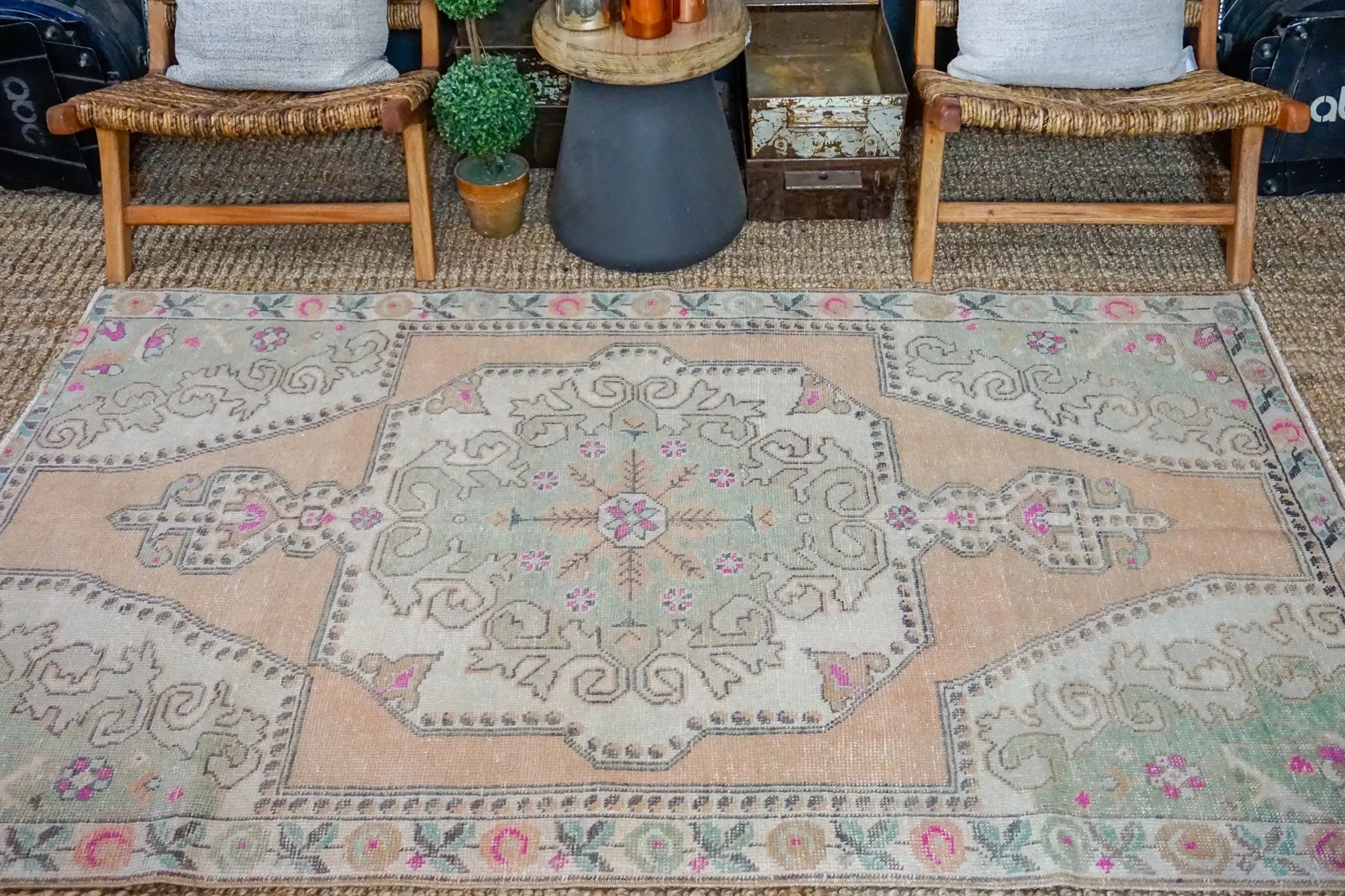 4’5 x 7’3 Vintage Turkish Oushak Carpet Muted Apricot, Green and Gray '3245 Linda's Barn