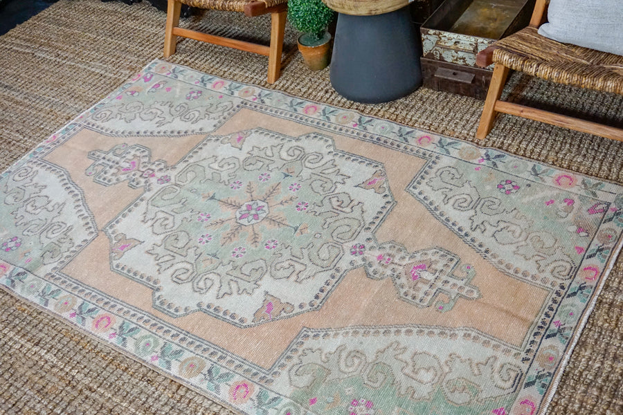 4’5 x 7’3 Vintage Turkish Oushak Carpet Muted Apricot, Green and Gray