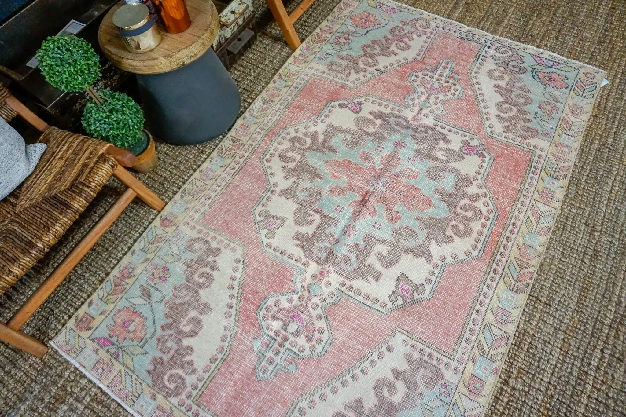 4’2 x 6’9 Vintage Turkish Oushak Carpet Muted Pink, Blue + Grape '3209 Linda's Barn