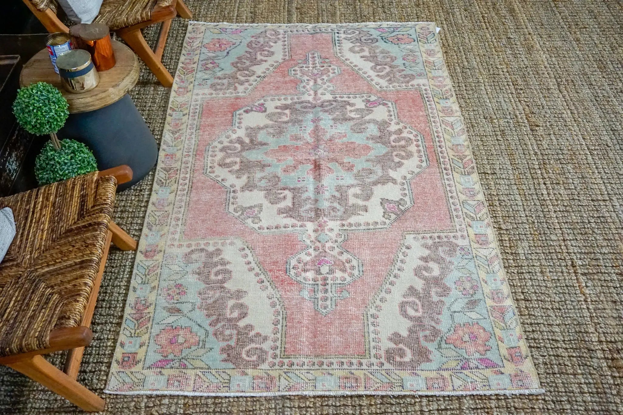 4’2 x 6’9 Vintage Turkish Oushak Carpet Muted Pink, Blue + Grape '3209 Linda's Barn