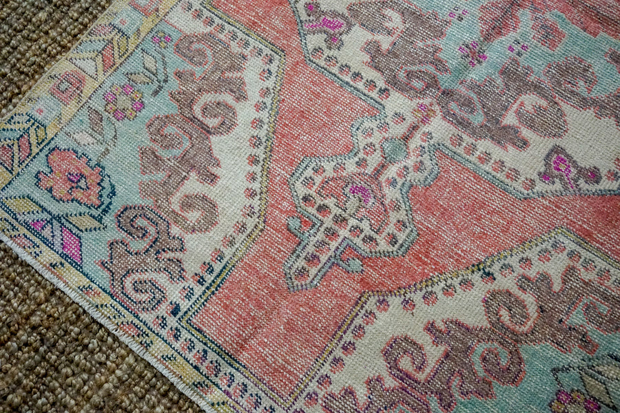 4’2 x 6’9 Vintage Turkish Oushak Carpet Muted Pink, Blue + Grape