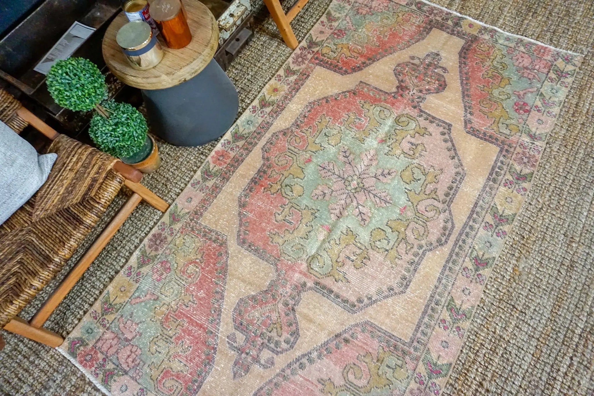 4’ x 7’2 Vintage Turkish Oushak Carpet, Pink + Turquoise Blue '3244 Linda's Barn