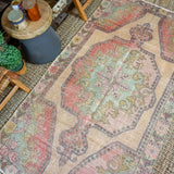 4’ x 7’2 Vintage Turkish Oushak Carpet, Pink + Turquoise Blue '3244
