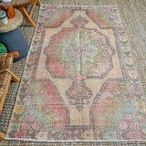 4’ x 7’2 Vintage Turkish Oushak Carpet, Pink + Turquoise Blue '3244