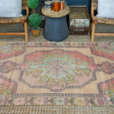4’ x 7’2 Vintage Turkish Oushak Carpet, Pink + Turquoise Blue '3244