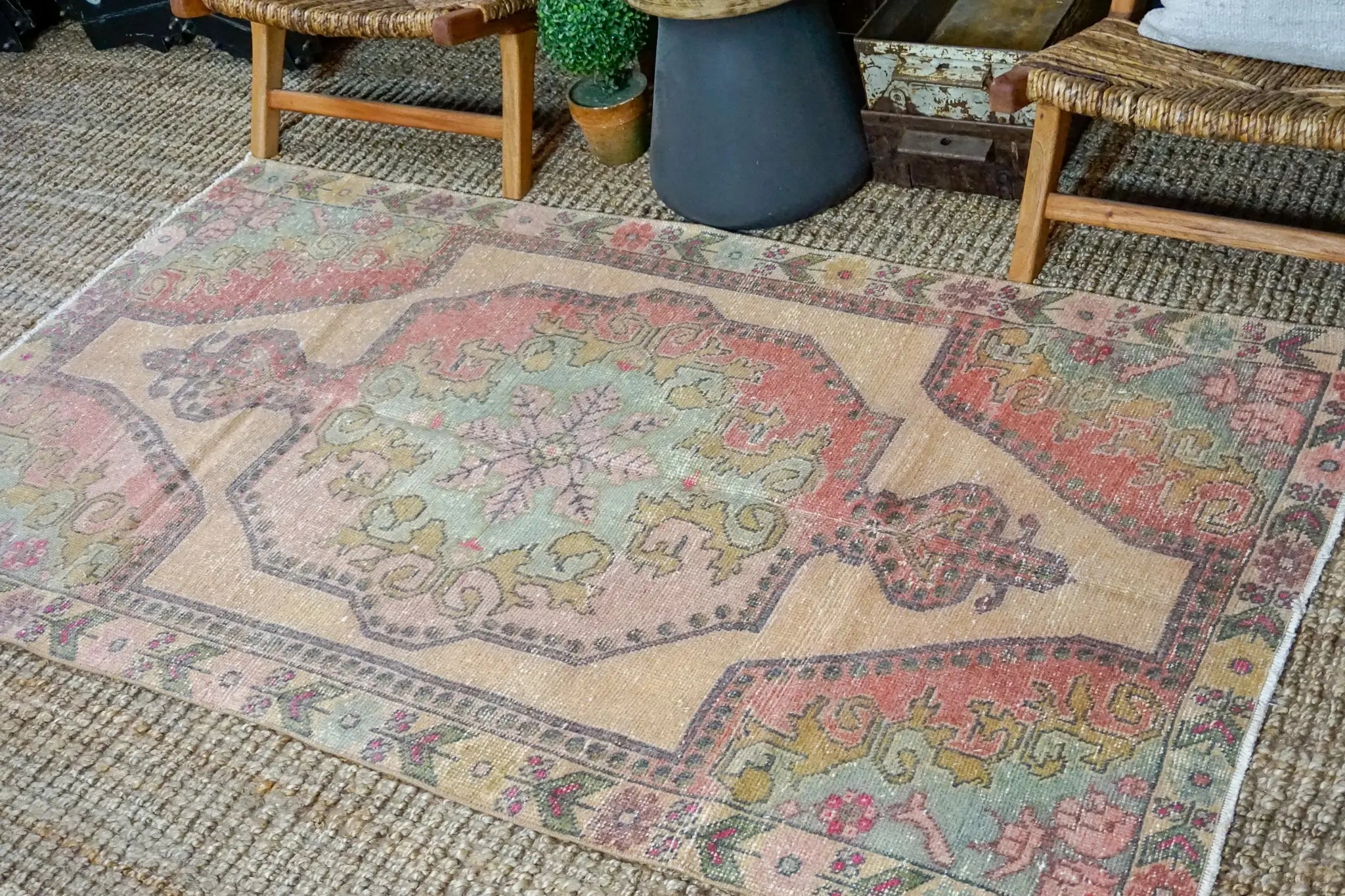 4’ x 7’2 Vintage Turkish Oushak Carpet, Pink + Turquoise Blue '3244 Linda's Barn