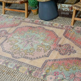 4’ x 7’2 Vintage Turkish Oushak Carpet, Pink + Turquoise Blue '3244