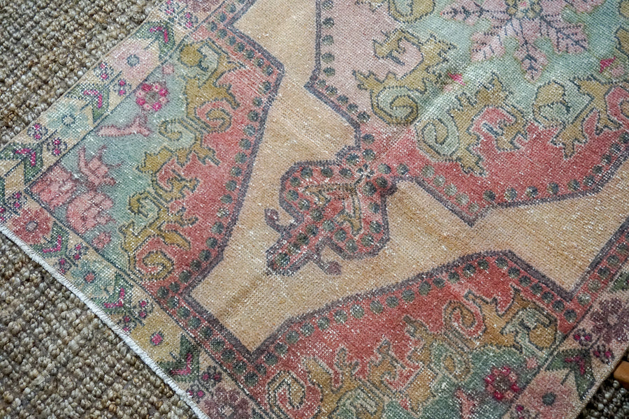 4’ x 7’2 Vintage Turkish Oushak Carpet, Pink + Turquoise Blue