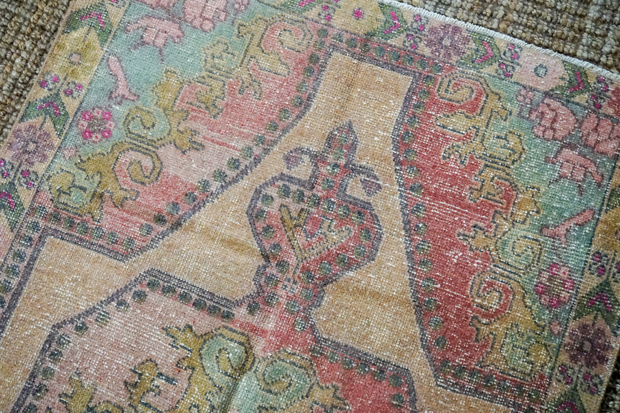 4’ x 7’2 Vintage Turkish Oushak Carpet, Pink + Turquoise Blue