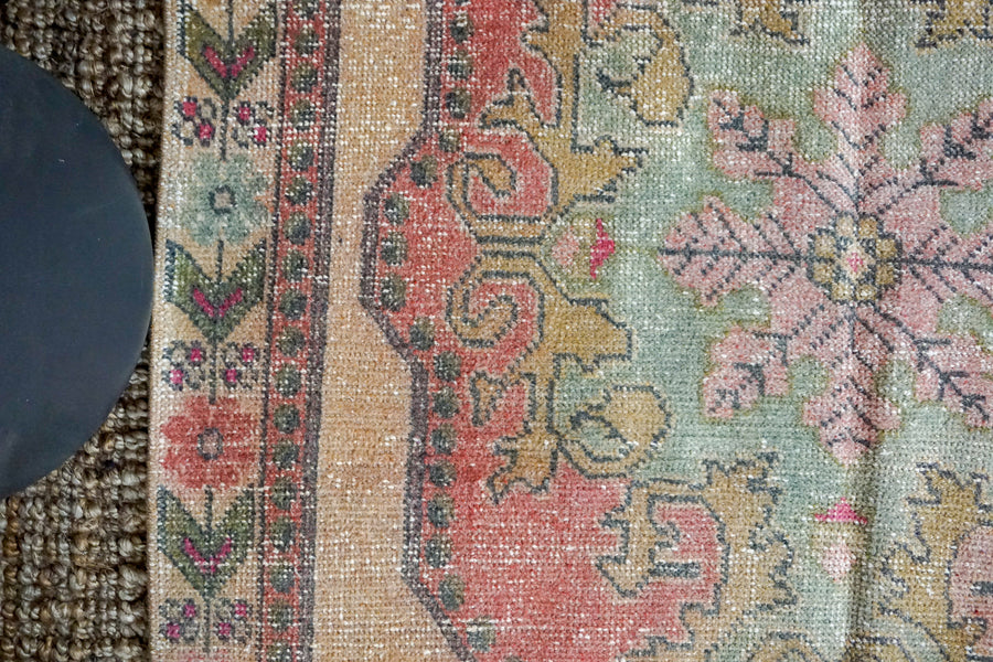 4’ x 7’2 Vintage Turkish Oushak Carpet, Pink + Turquoise Blue