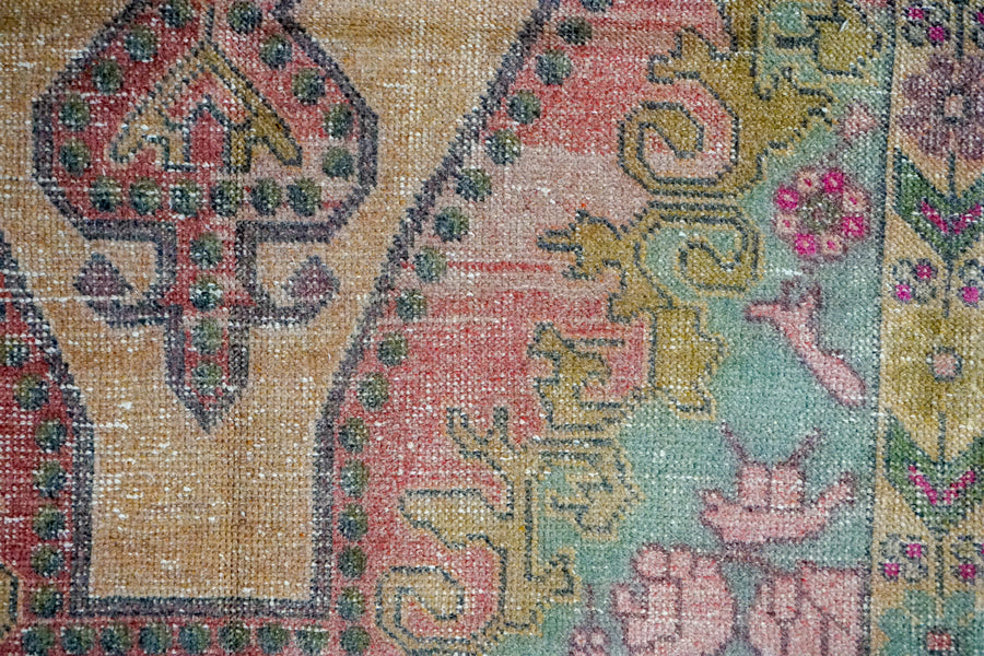 4’ x 7’2 Vintage Turkish Oushak Carpet, Pink + Turquoise Blue