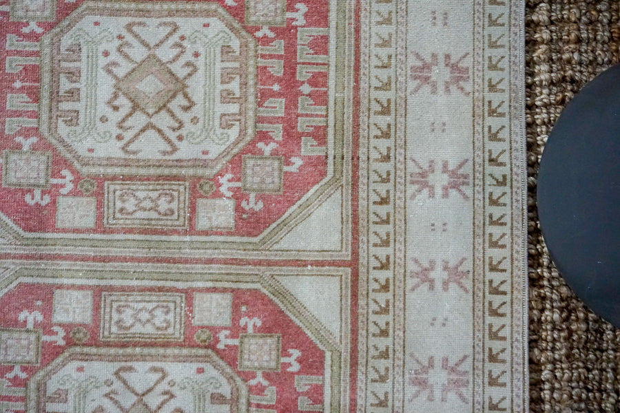3’6 x 10’4 Vintage Turkish Oushak Carpet Muted Beige, Wine Red + Brown 60’s*