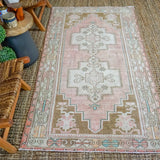 3’8 x 7’1 Vintage Turkish Oushak Carpet Muted Pink, Bronze and Gray