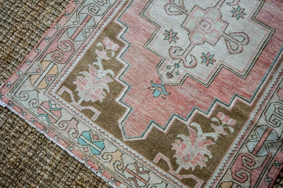 3’8 x 7’1 Vintage Turkish Oushak Carpet Muted Pink, Bronze and Gray